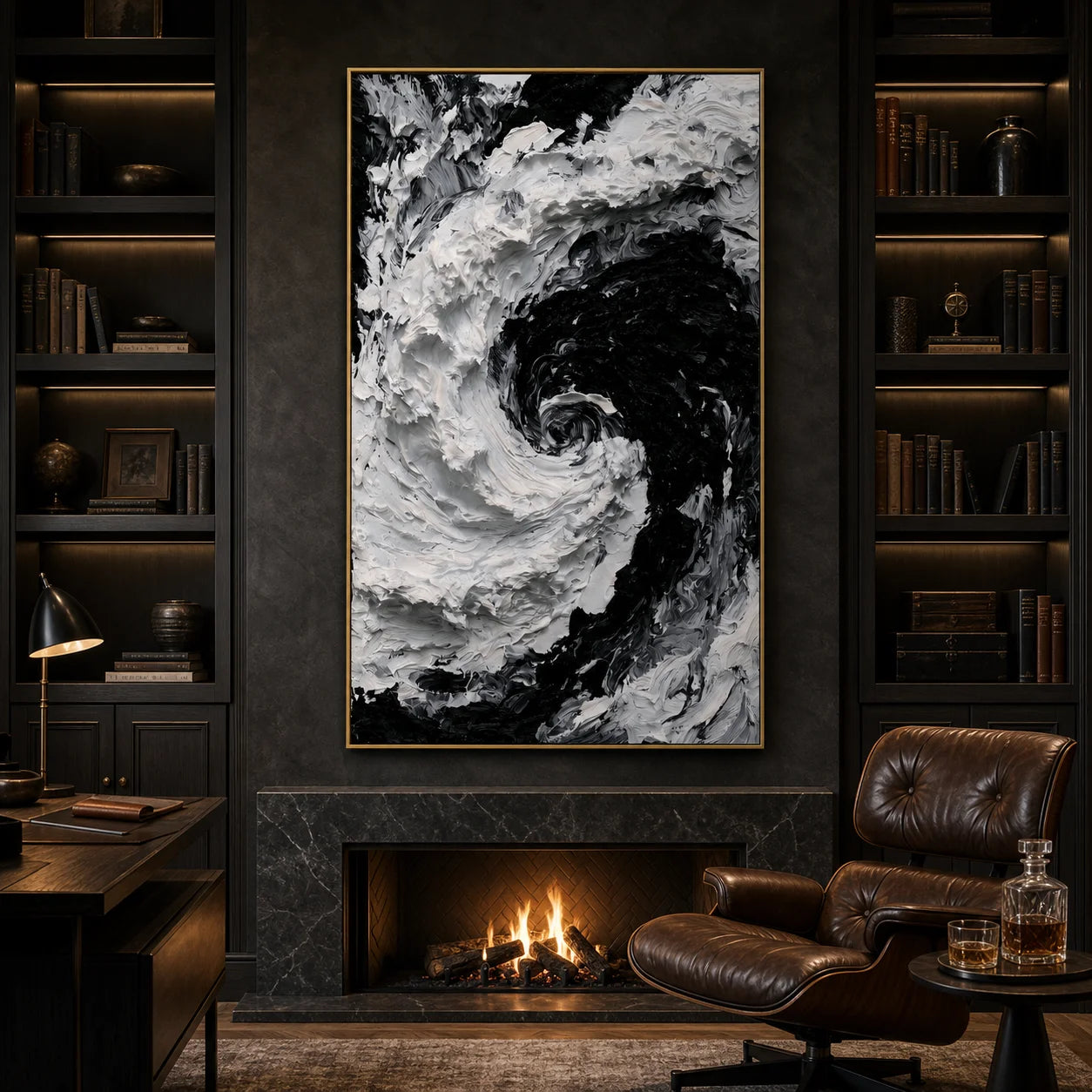 Modern Abstract Black & White Ocean Wave Hand-Painted Oil Painting | Textured Wall Art # 1095
