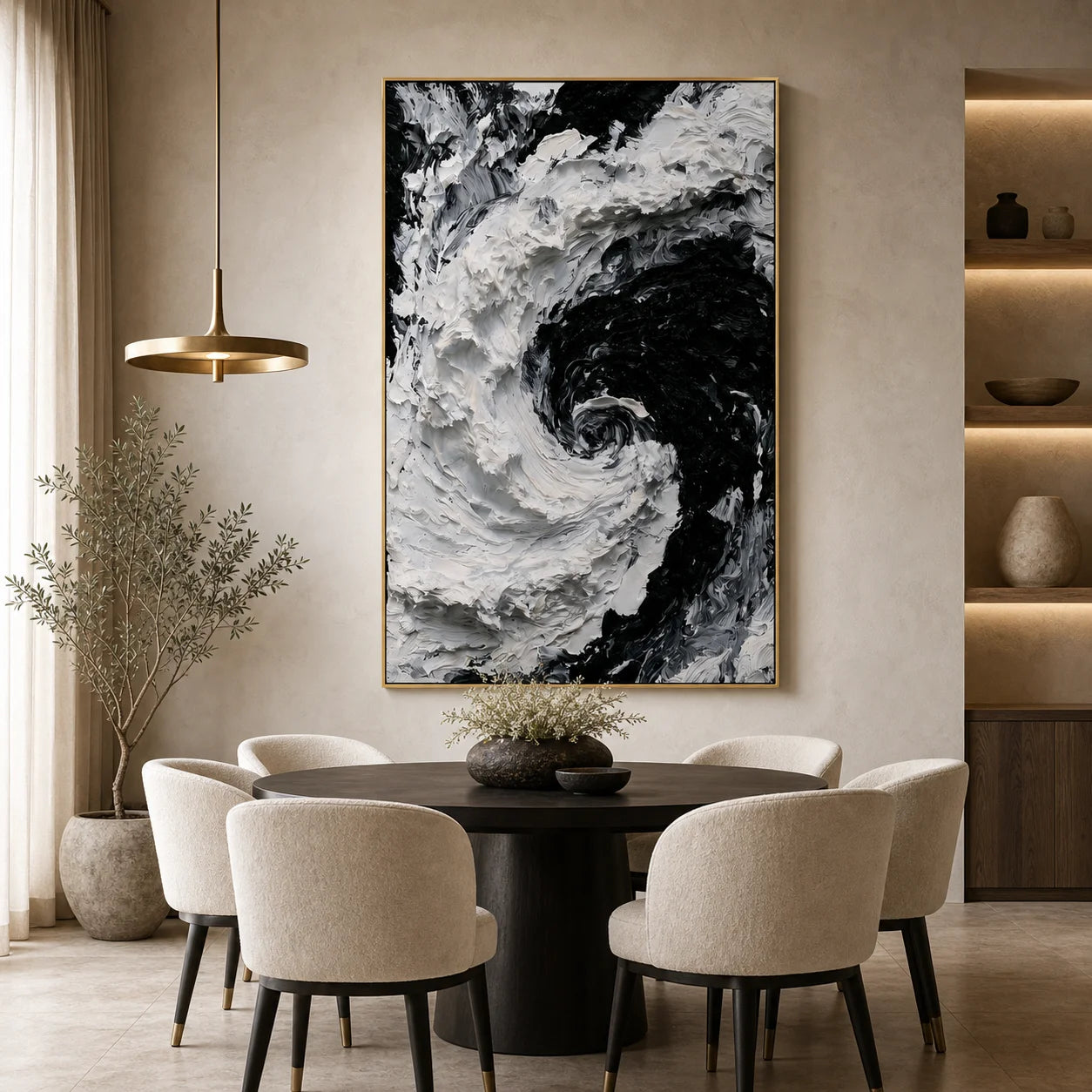 Modern Abstract Black & White Ocean Wave Hand-Painted Oil Painting | Textured Wall Art # 1095