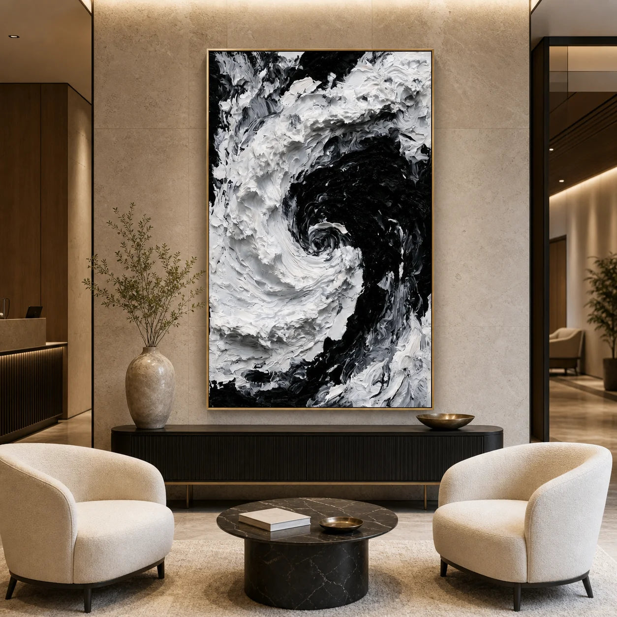 Modern Abstract Black & White Ocean Wave Hand-Painted Oil Painting | Textured Wall Art # 1095