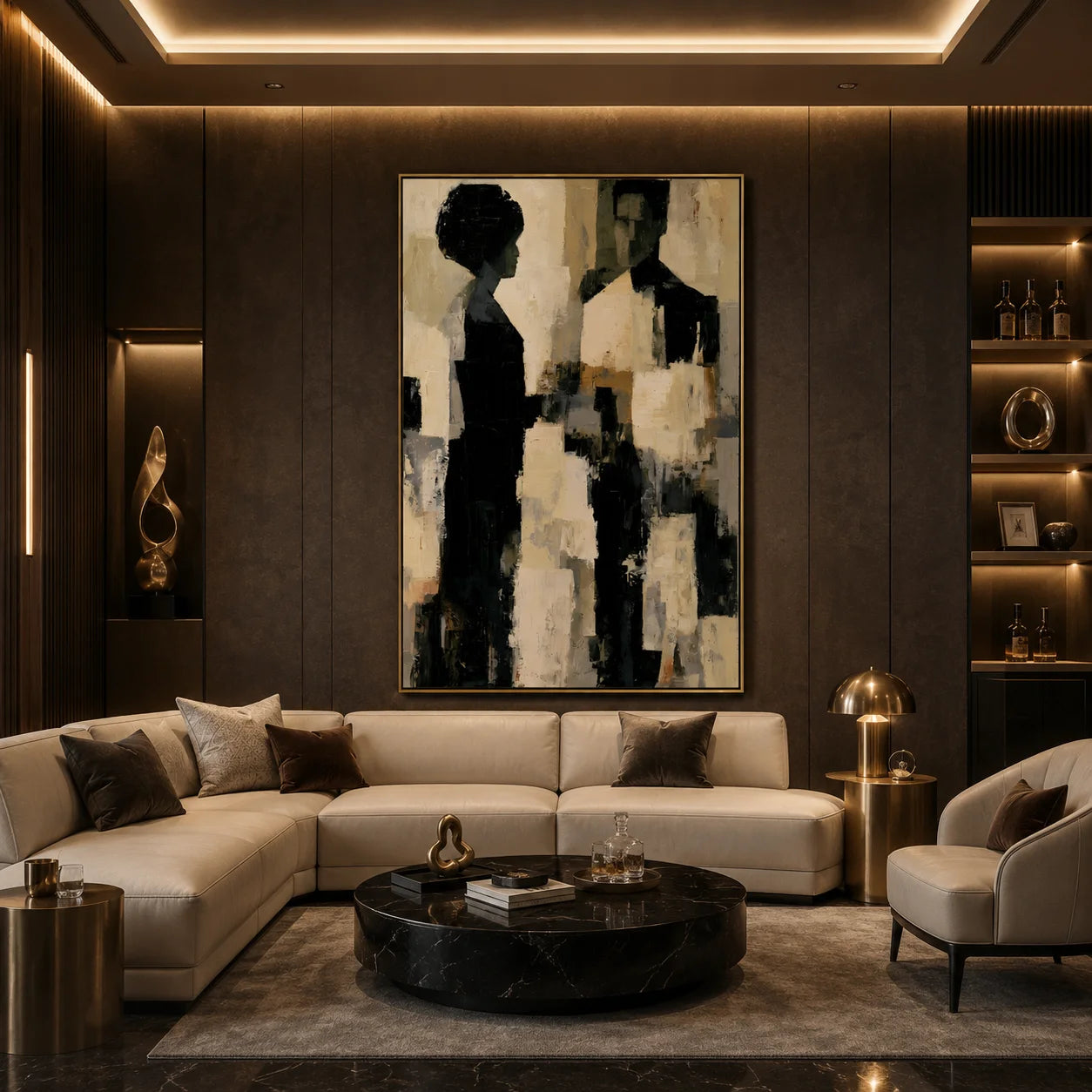Modern Abstract Figure Hand-Painted Oil Painting | Black & White Minimalist Portrait Wall Art | Contemporary Canvas Artwork for Living Room, Bedroom & Office # OA 1079