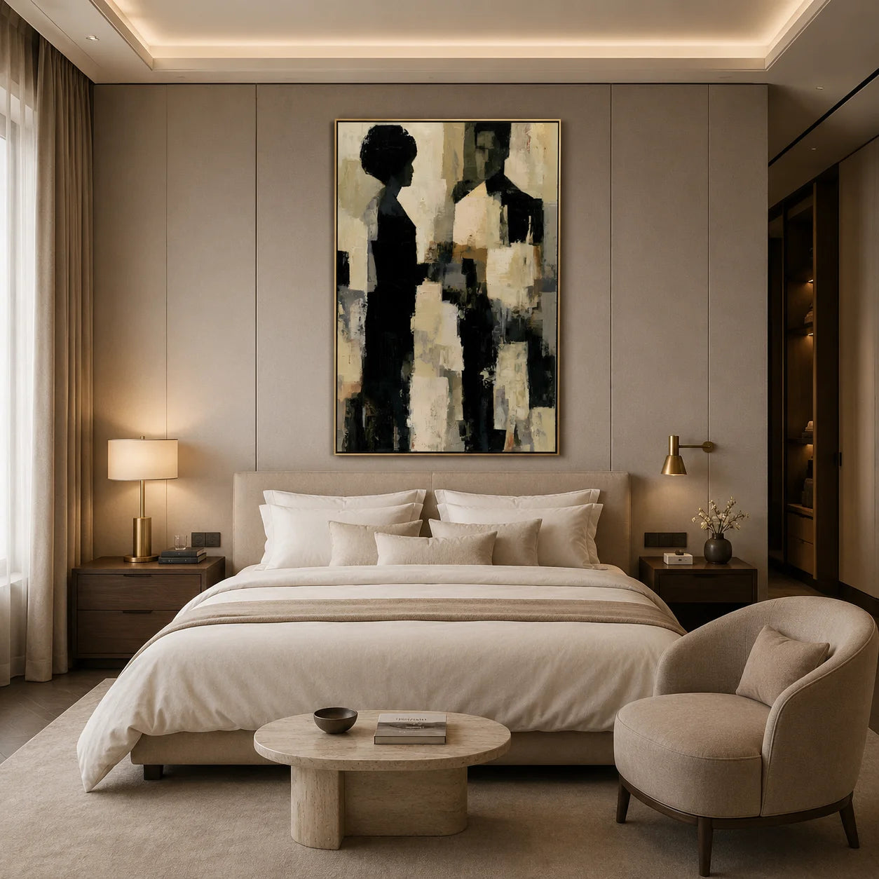 Modern Abstract Figure Hand-Painted Oil Painting | Black & White Minimalist Portrait Wall Art | Contemporary Canvas Artwork for Living Room, Bedroom & Office # OA 1079