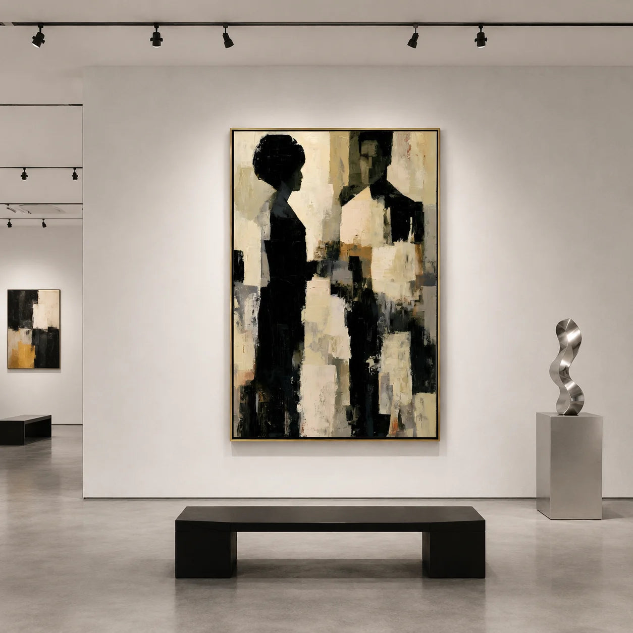 Modern Abstract Figure Hand-Painted Oil Painting | Black & White Minimalist Portrait Wall Art | Contemporary Canvas Artwork for Living Room, Bedroom & Office # OA 1079