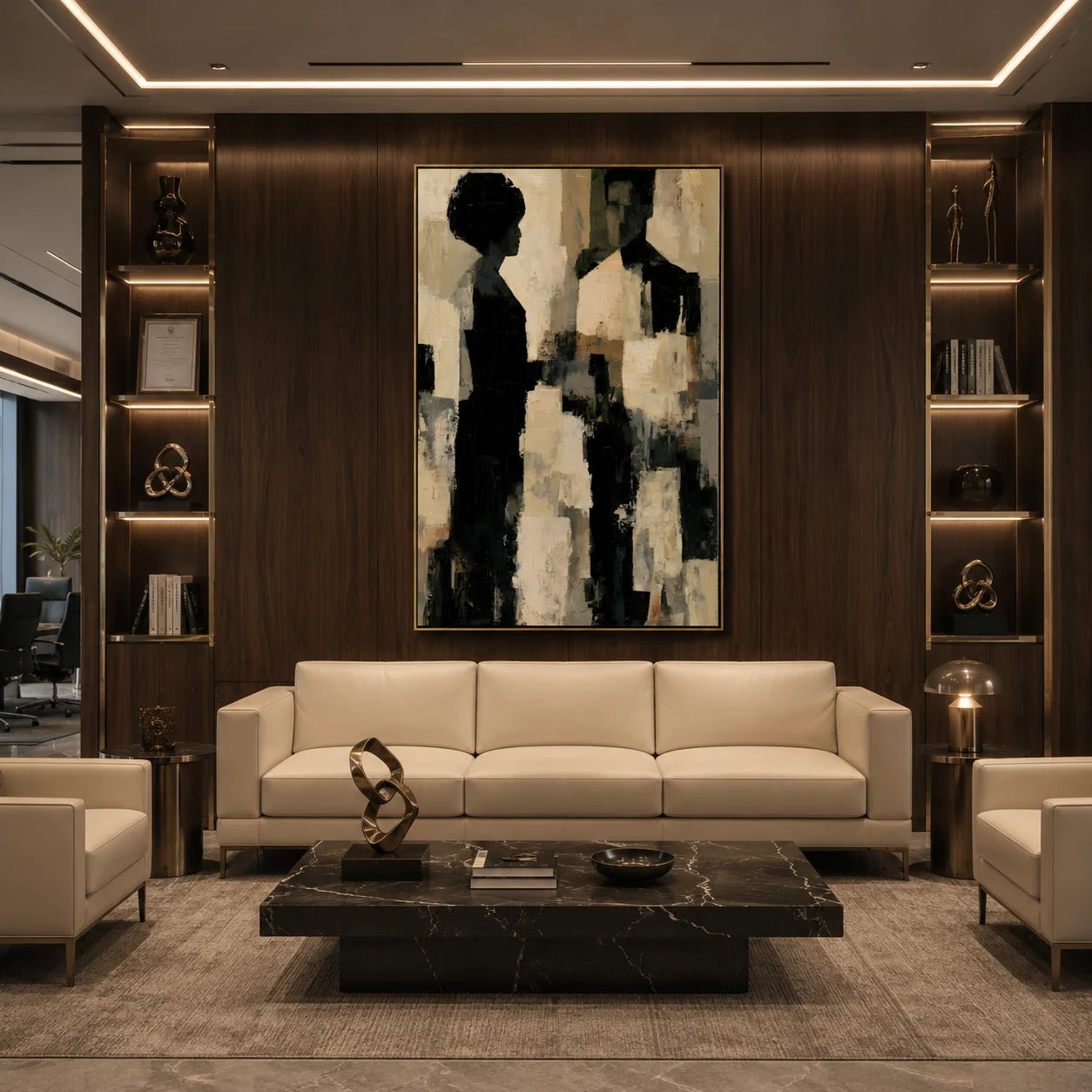 Modern Abstract Figure Hand-Painted Oil Painting | Black & White Minimalist Portrait Wall Art | Contemporary Canvas Artwork for Living Room, Bedroom & Office # OA 1079