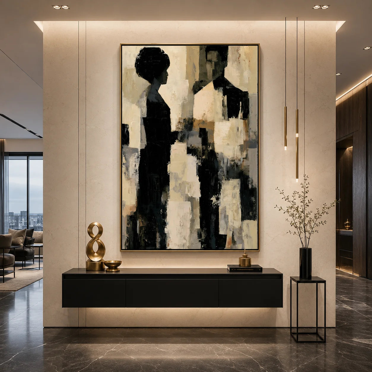 Modern Abstract Figure Hand-Painted Oil Painting | Black & White Minimalist Portrait Wall Art | Contemporary Canvas Artwork for Living Room, Bedroom & Office # OA 1079