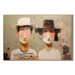 Modern Abstract Figure Hand-Painted Oil Painting | Couple Portrait Textured Wall Art in Neutral Tones # OA 1074