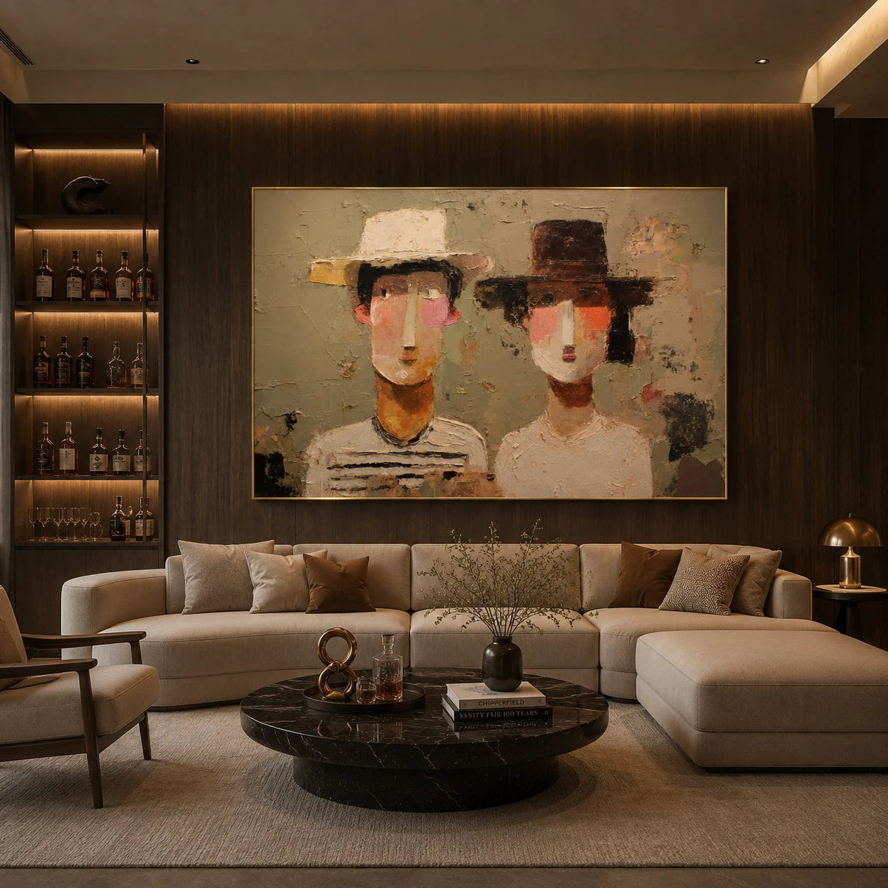 Modern Abstract Figure Hand-Painted Oil Painting | Couple Portrait Textured Wall Art in Neutral Tones # OA 1074