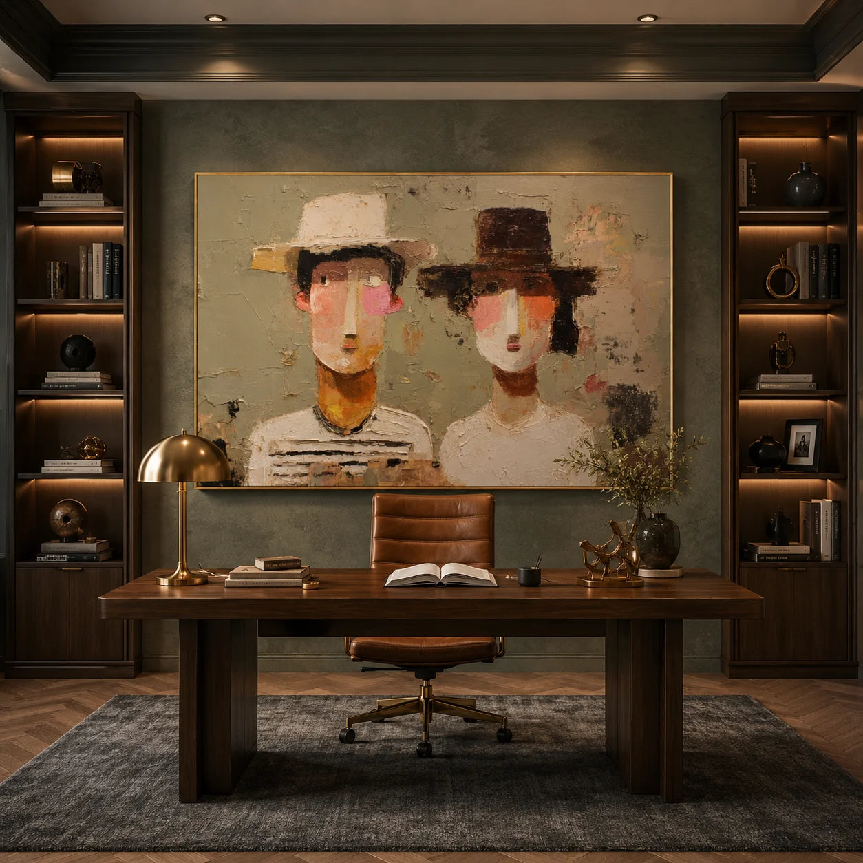 Modern Abstract Figure Hand-Painted Oil Painting | Couple Portrait Textured Wall Art in Neutral Tones # OA 1074
