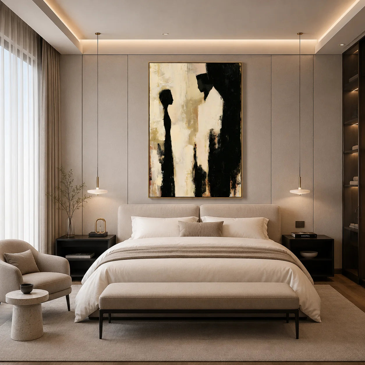 Modern Abstract Figure Hand-Painted Oil Painting | Minimalist Silhouette Wall Art | Black & White Contemporary Canvas Artwork for Living Room, Bedroom & Office # OA 1080