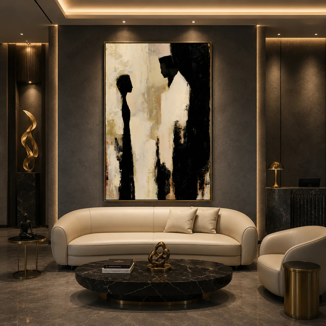 Modern Abstract Figure Hand-Painted Oil Painting | Minimalist Silhouette Wall Art | Black & White Contemporary Canvas Artwork for Living Room, Bedroom & Office # OA 1080