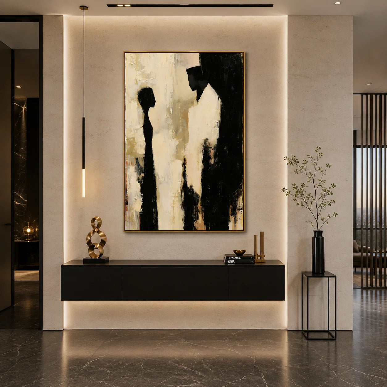 Modern Abstract Figure Hand-Painted Oil Painting | Minimalist Silhouette Wall Art | Black & White Contemporary Canvas Artwork for Living Room, Bedroom & Office # OA 1080