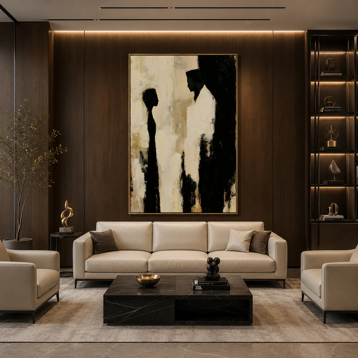 Modern Abstract Figure Hand-Painted Oil Painting | Minimalist Silhouette Wall Art | Black & White Contemporary Canvas Artwork for Living Room, Bedroom & Office # OA 1080
