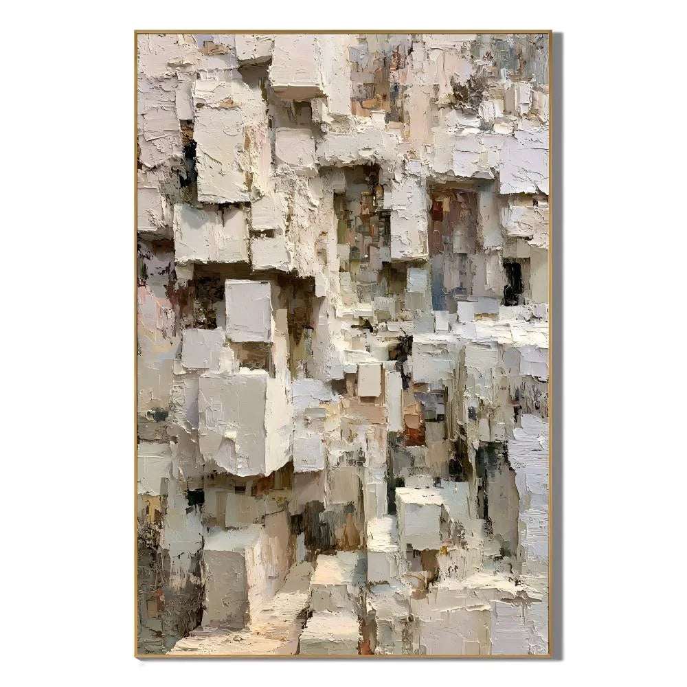Modern Abstract Geometric Hand-Painted Oil Painting | Heavy Texture Minimalist Wall Art | Neutral Contemporary Canvas Artwork for Living Room, Office & Hotel # OA 1087