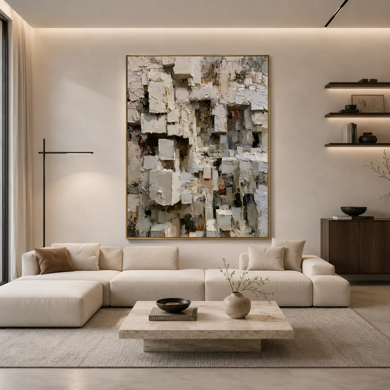 Modern Abstract Geometric Hand-Painted Oil Painting | Heavy Texture Minimalist Wall Art | Neutral Contemporary Canvas Artwork for Living Room, Office & Hotel # OA 1087