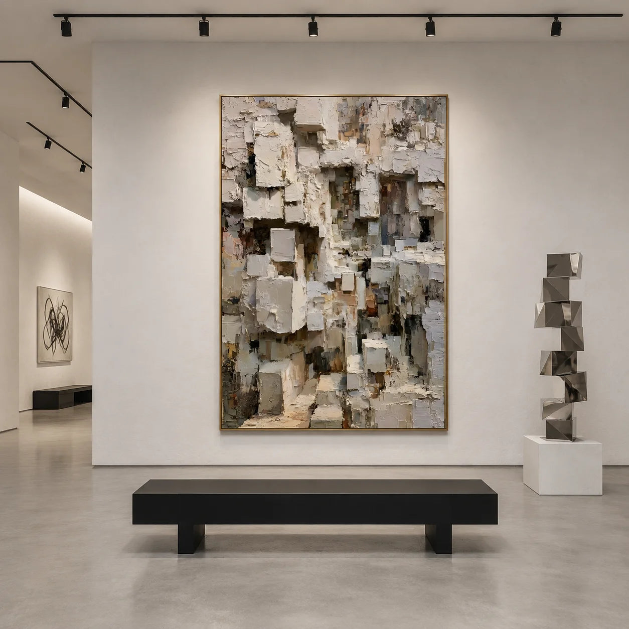 Modern Abstract Geometric Hand-Painted Oil Painting | Heavy Texture Minimalist Wall Art | Neutral Contemporary Canvas Artwork for Living Room, Office & Hotel # OA 1087