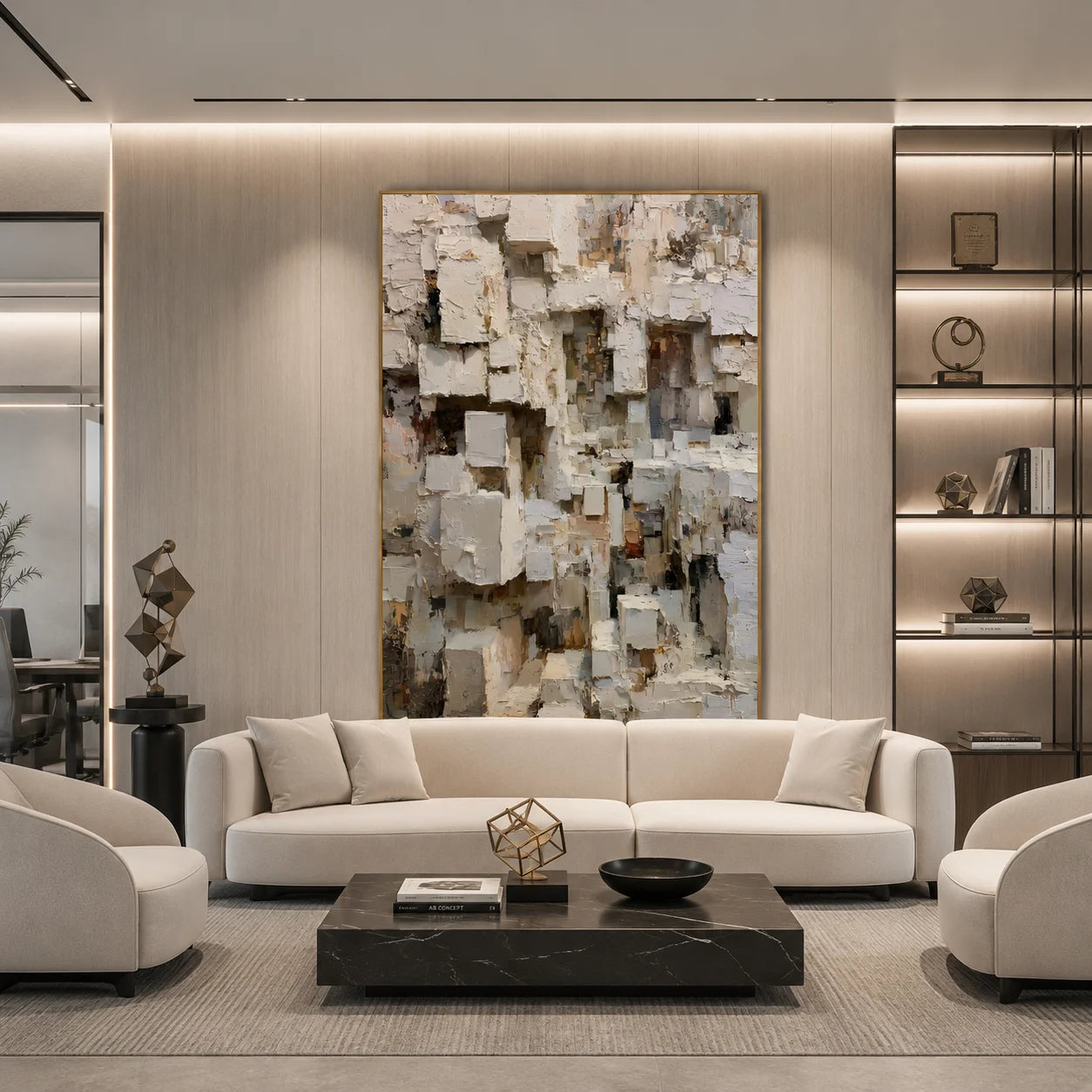 Modern Abstract Geometric Hand-Painted Oil Painting | Heavy Texture Minimalist Wall Art | Neutral Contemporary Canvas Artwork for Living Room, Office & Hotel # OA 1087