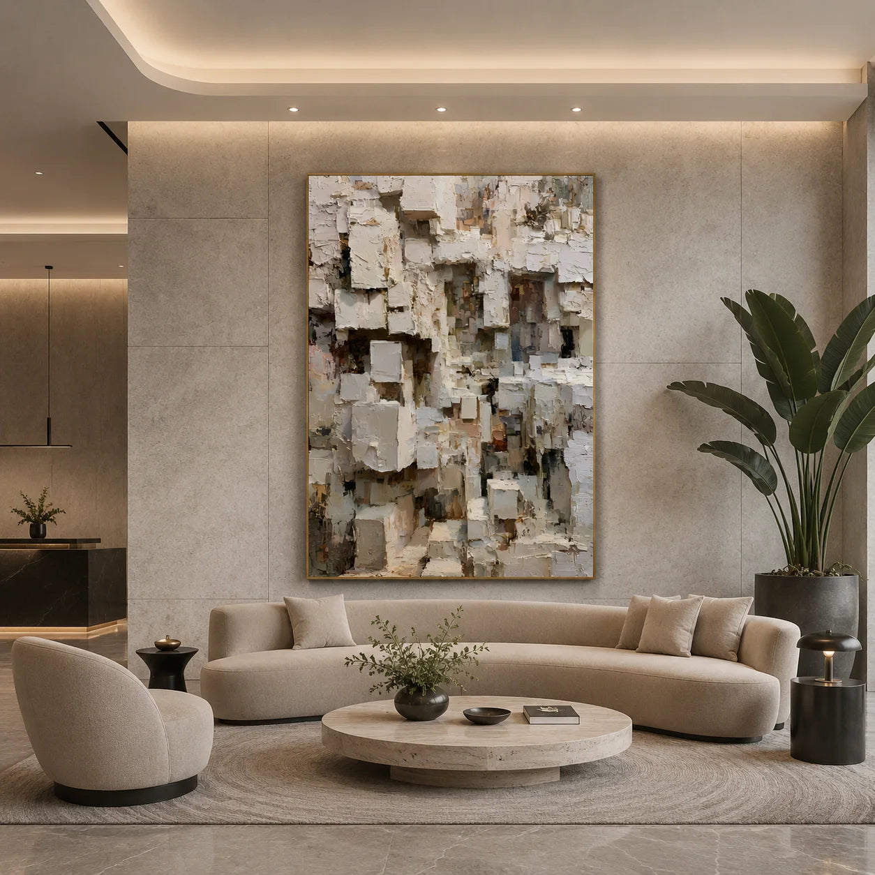 Modern Abstract Geometric Hand-Painted Oil Painting | Heavy Texture Minimalist Wall Art | Neutral Contemporary Canvas Artwork for Living Room, Office & Hotel # OA 1087