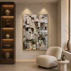 Modern Abstract Geometric Hand-Painted Oil Painting | Heavy Texture Minimalist Wall Art | Neutral Contemporary Canvas Artwork for Living Room, Office & Hotel # OA 1087