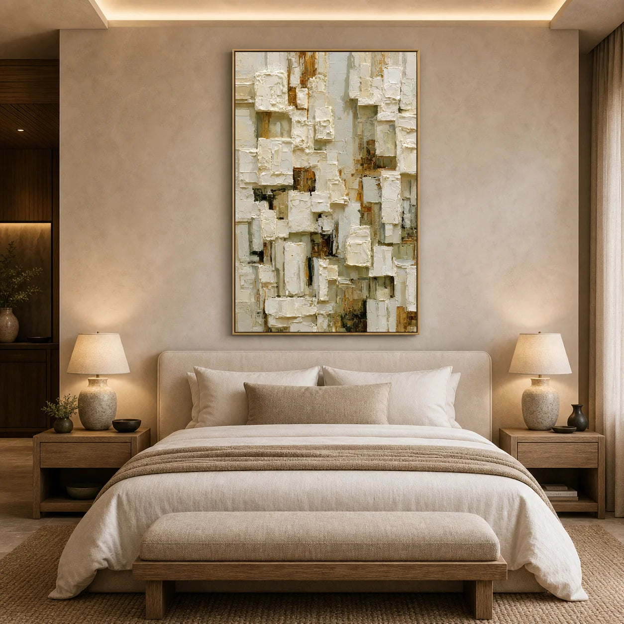 Modern Abstract Geometric Hand-Painted Oil Painting | Neutral Textured Minimalist Wall Art | 3D Block Canvas Artwork for Living Room, Office & Hotel OA # 1091