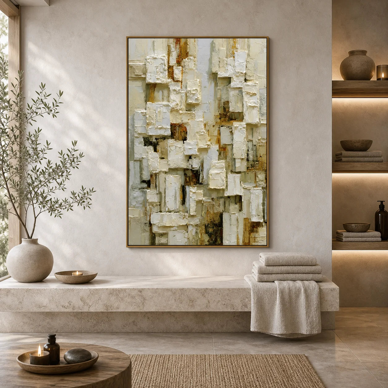 Modern Abstract Geometric Hand-Painted Oil Painting | Neutral Textured Minimalist Wall Art | 3D Block Canvas Artwork for Living Room, Office & Hotel OA # 1091