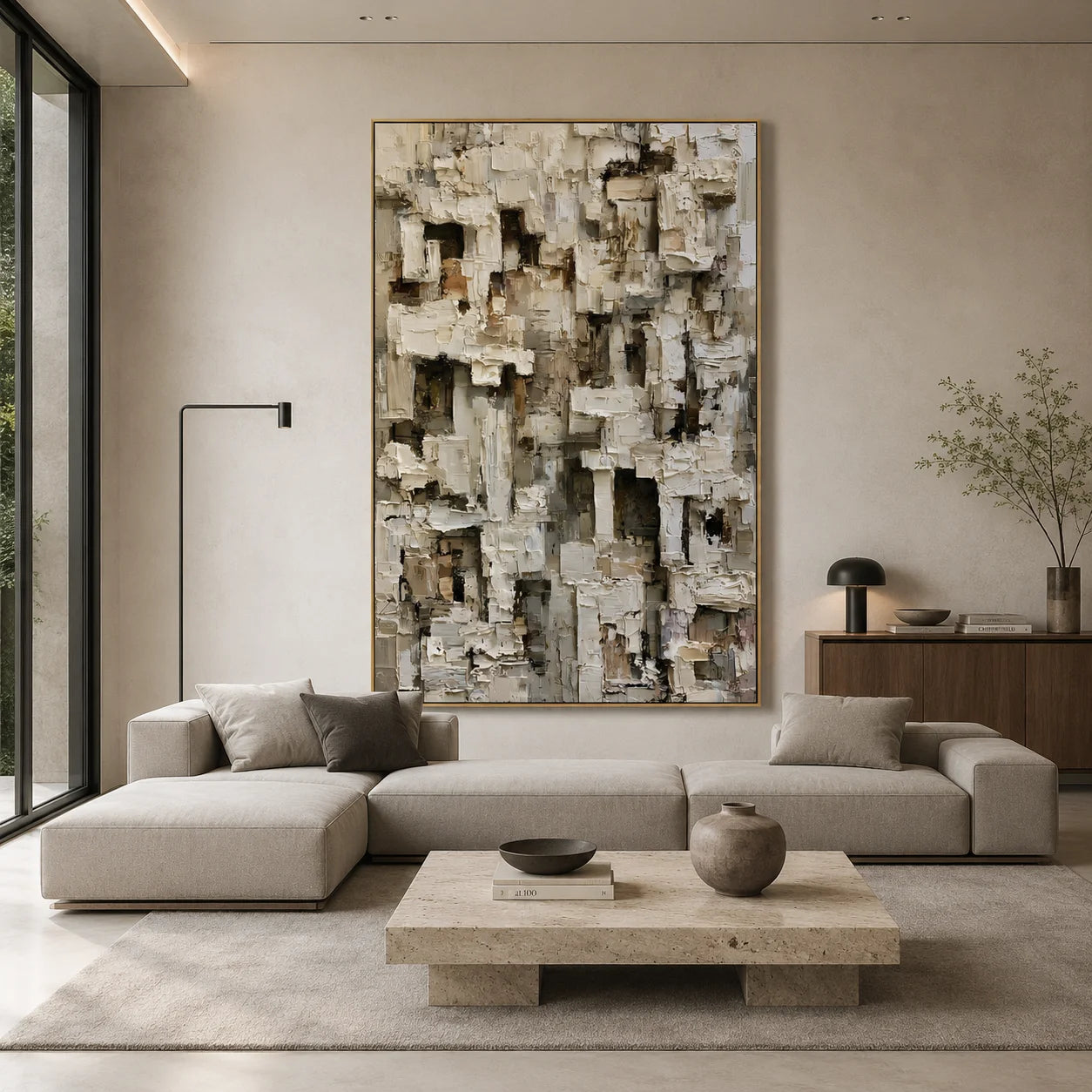 Modern Abstract Geometric Hand-Painted Oil Painting | Textured Minimalist Wall Art | Neutral Contemporary Canvas Artwork for Living Room, Office & Hotel # OA 1086