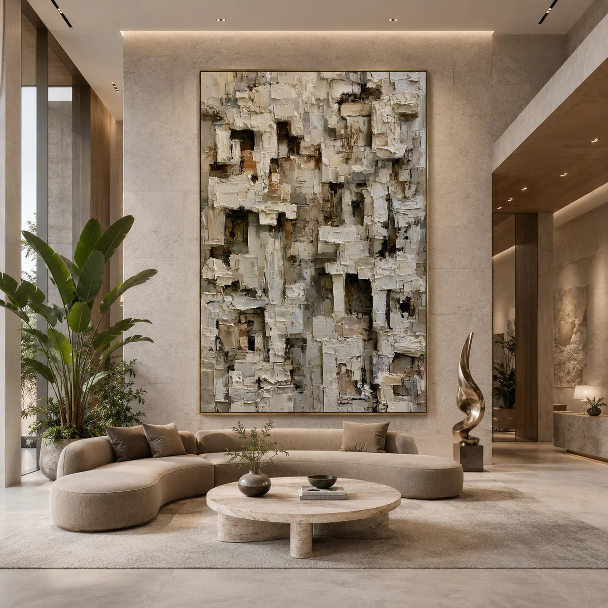 Modern Abstract Geometric Hand-Painted Oil Painting | Textured Minimalist Wall Art | Neutral Contemporary Canvas Artwork for Living Room, Office & Hotel # OA 1086