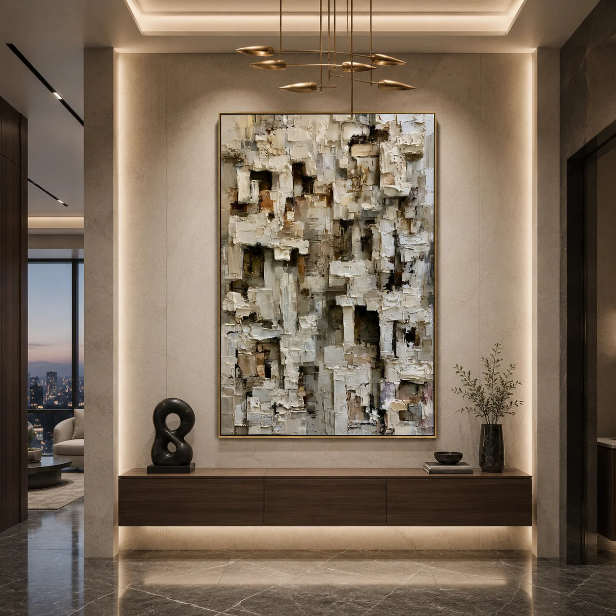 Modern Abstract Geometric Hand-Painted Oil Painting | Textured Minimalist Wall Art | Neutral Contemporary Canvas Artwork for Living Room, Office & Hotel # OA 1086
