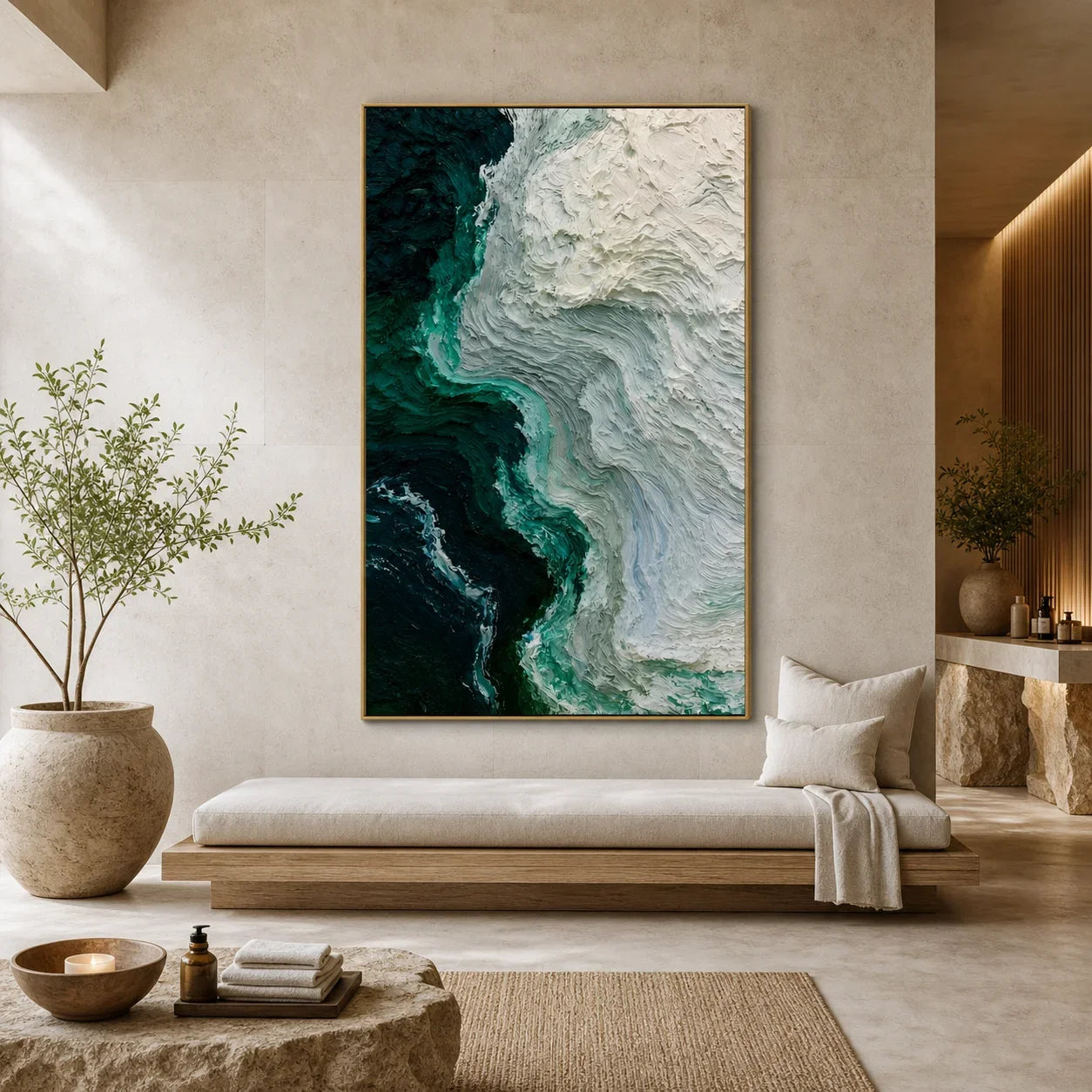 Modern Abstract Ocean Wave Hand-Painted Oil Painting | Textured Seascape Wall Art | Blue Green Coastal Canvas Artwork for Living Room, Office & Hotel # OA 1088