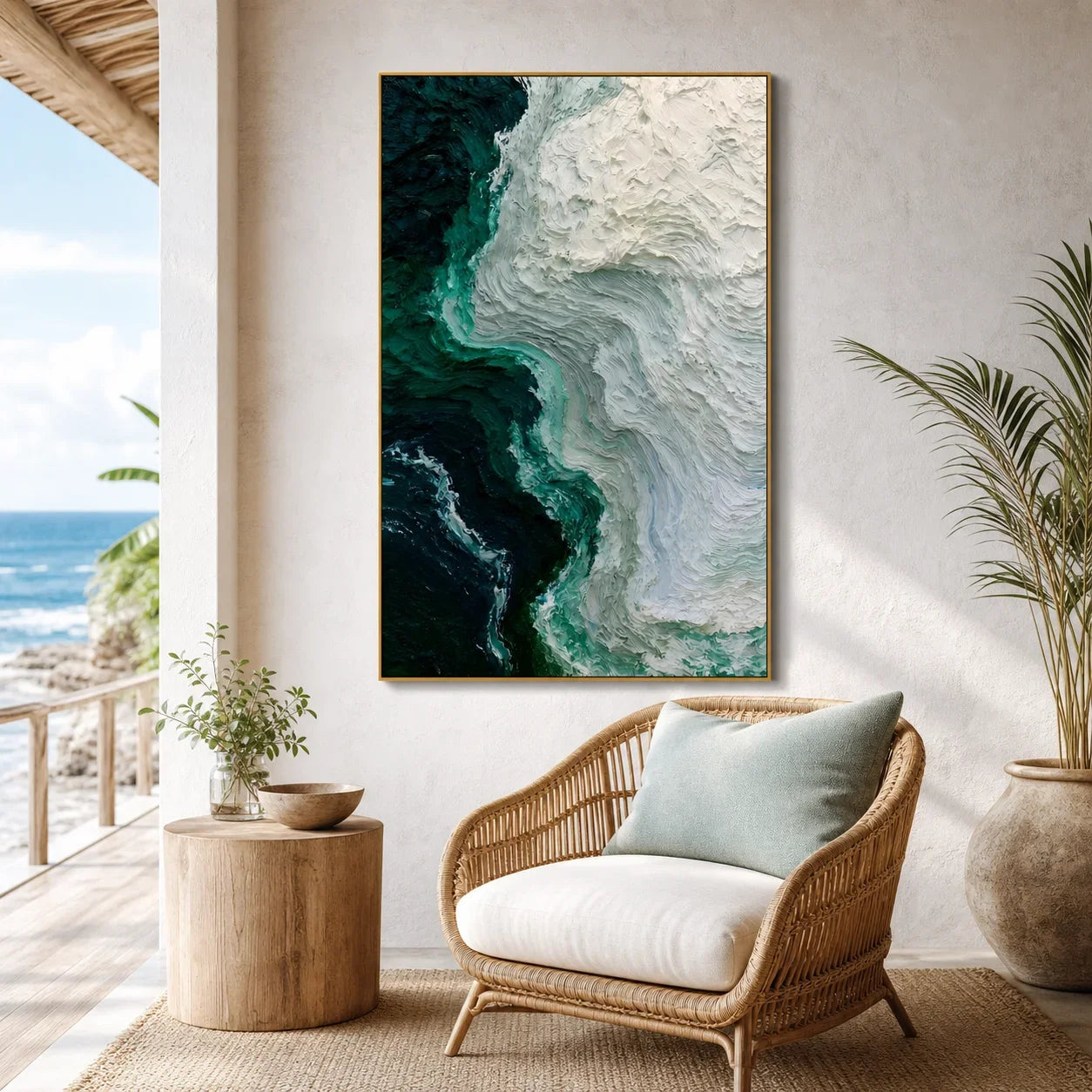 Modern Abstract Ocean Wave Hand-Painted Oil Painting | Textured Seascape Wall Art | Blue Green Coastal Canvas Artwork for Living Room, Office & Hotel # OA 1088