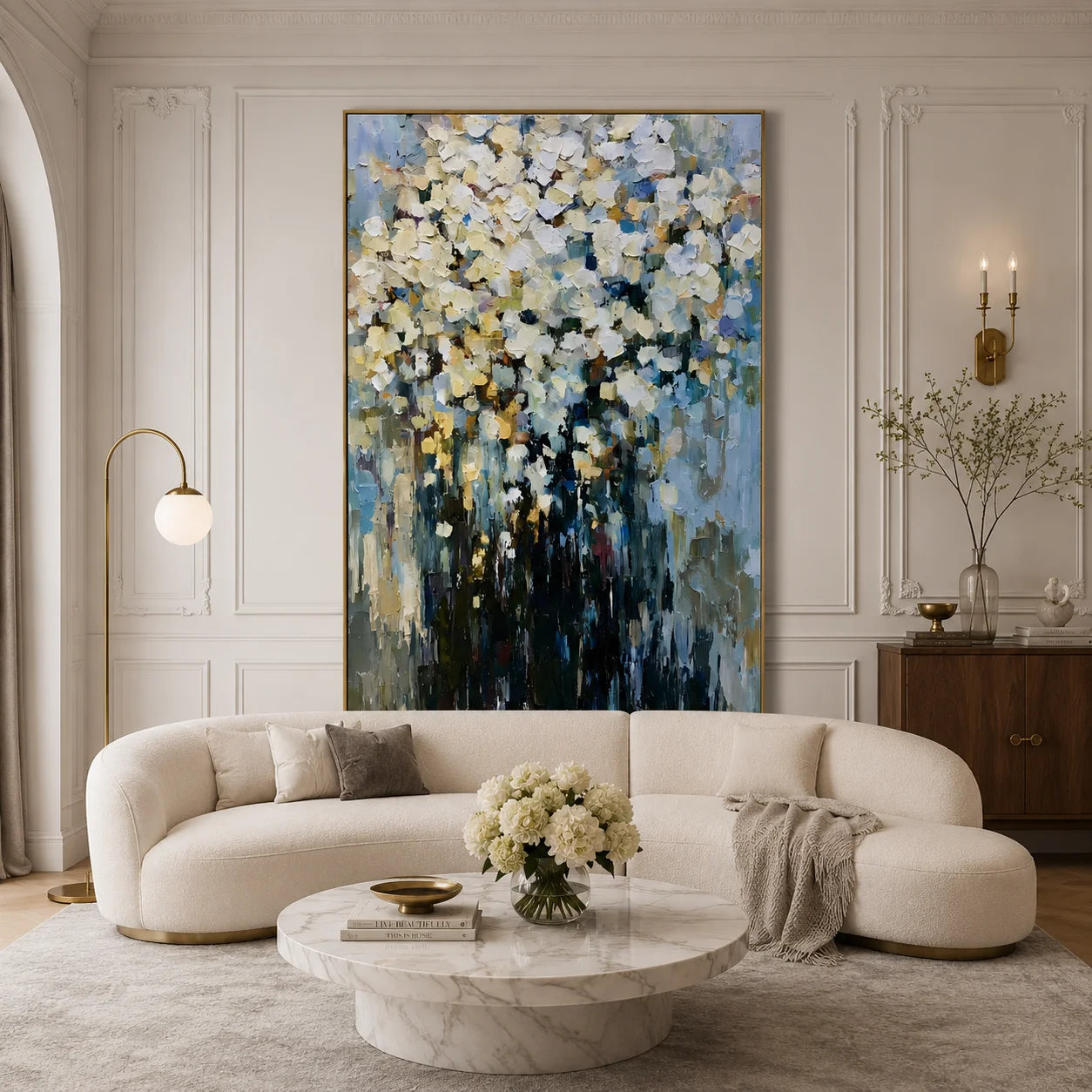 Modern Abstract White Floral Hand-Painted Oil Painting | Impressionist Flower Bouquet Wall Art | Luxury Textured Canvas Artwork for Living Room, Dining Room & Bedroom # OA 1085