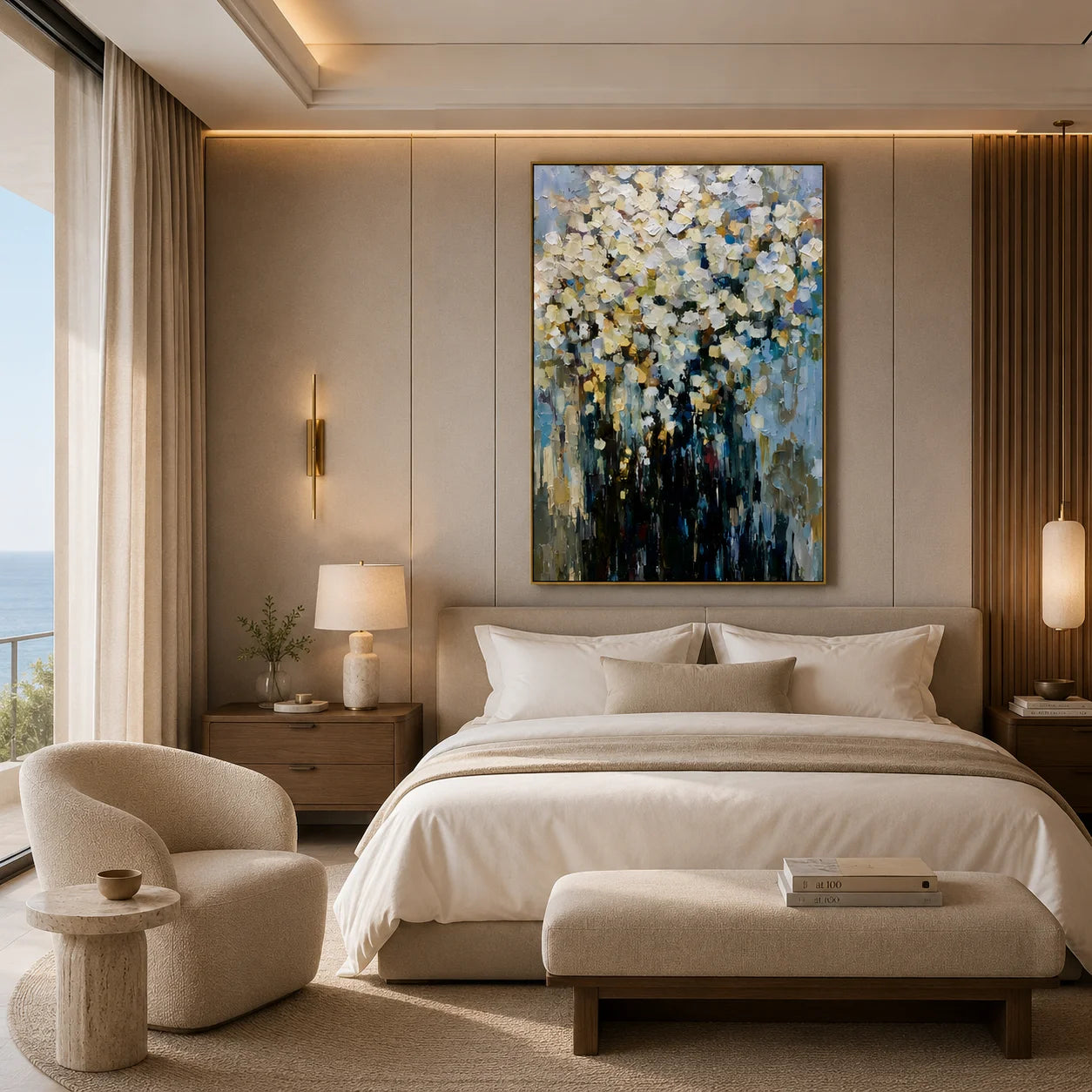 Modern Abstract White Floral Hand-Painted Oil Painting | Impressionist Flower Bouquet Wall Art | Luxury Textured Canvas Artwork for Living Room, Dining Room & Bedroom # OA 1085