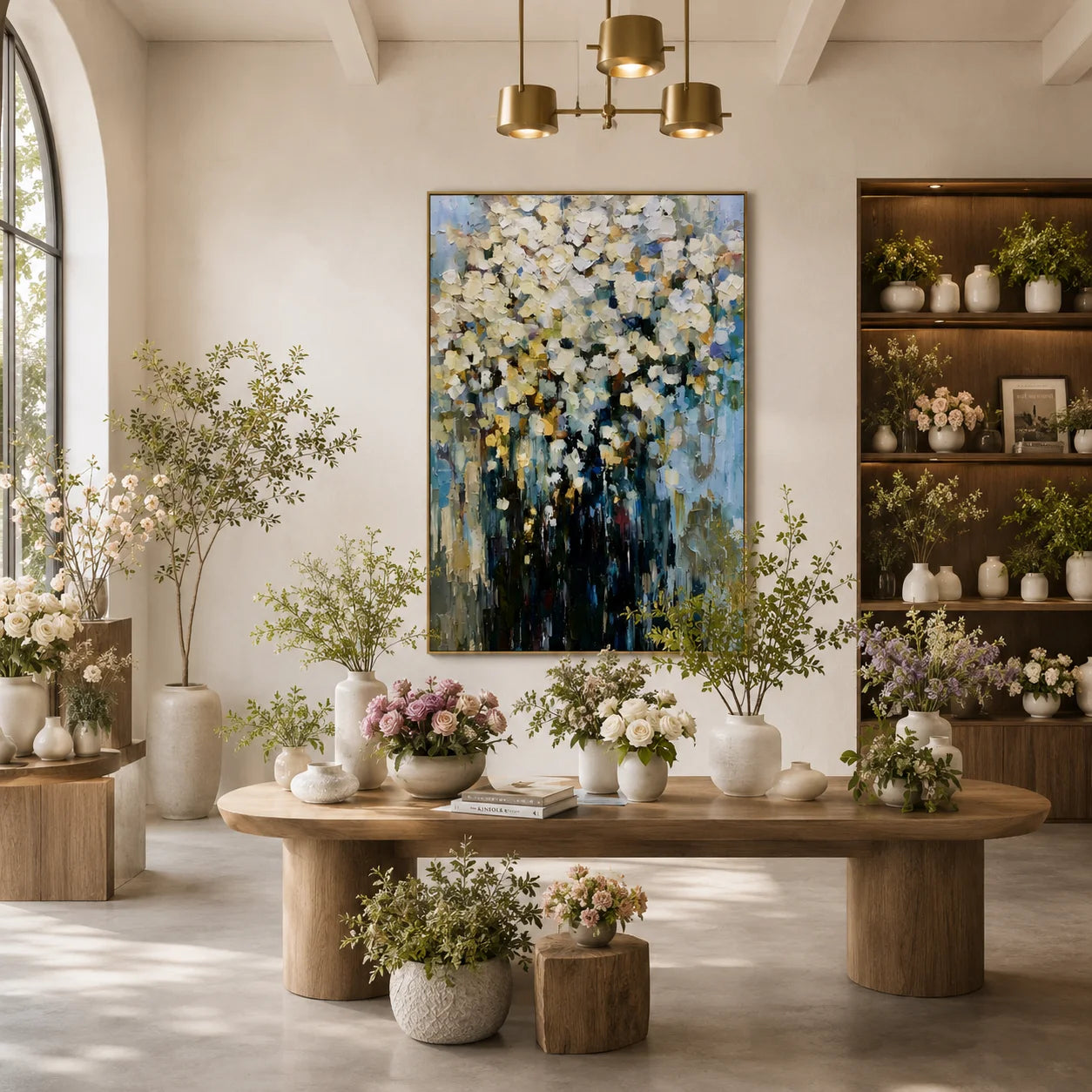 Modern Abstract White Floral Hand-Painted Oil Painting | Impressionist Flower Bouquet Wall Art | Luxury Textured Canvas Artwork for Living Room, Dining Room & Bedroom # OA 1085