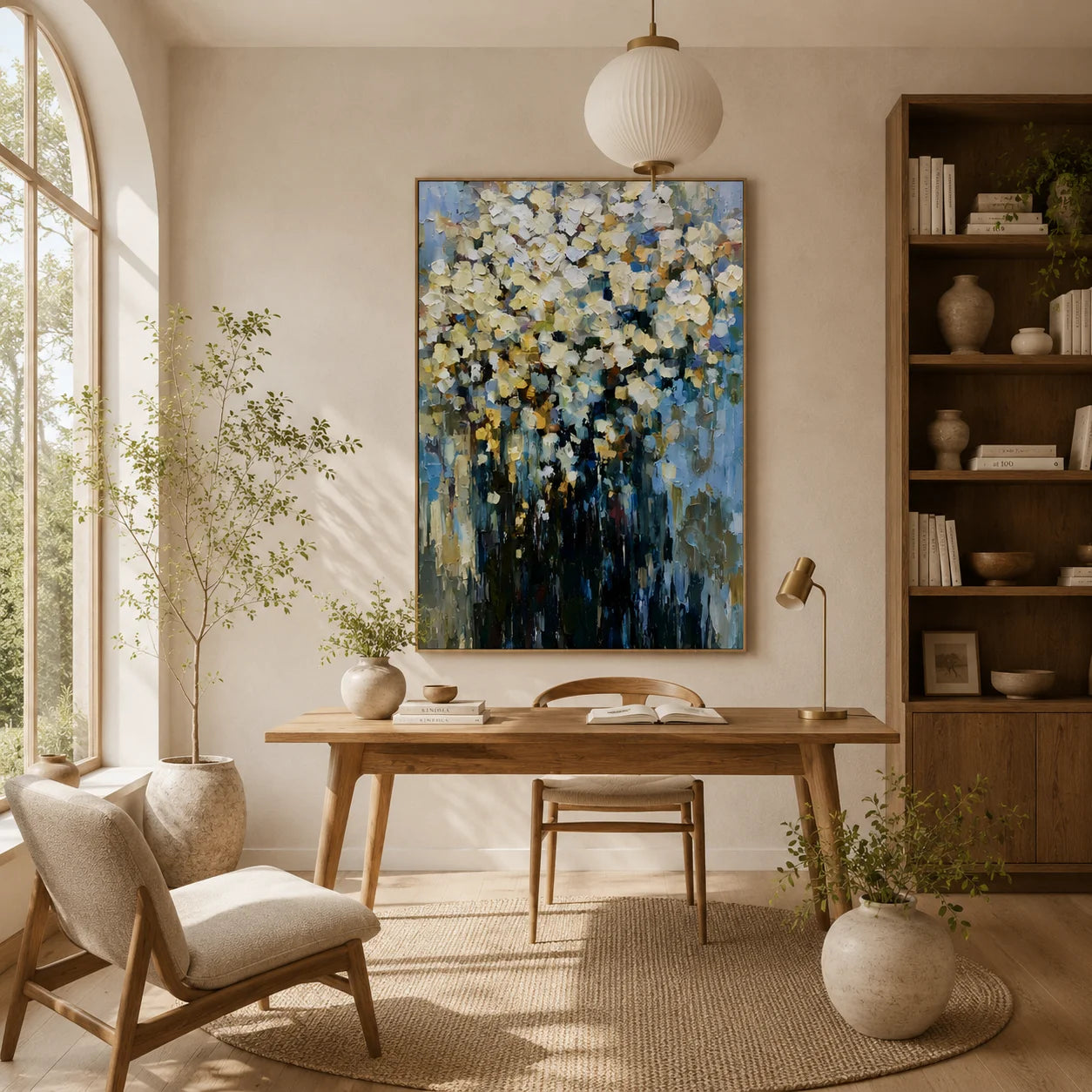 Modern Abstract White Floral Hand-Painted Oil Painting | Impressionist Flower Bouquet Wall Art | Luxury Textured Canvas Artwork for Living Room, Dining Room & Bedroom # OA 1085
