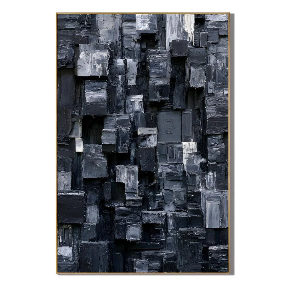 Modern Black and Gray Geometric Abstract Hand-Painted Oil Painting | 3D Textured Block Wall Art for Living Room, Bedroom and Entryway