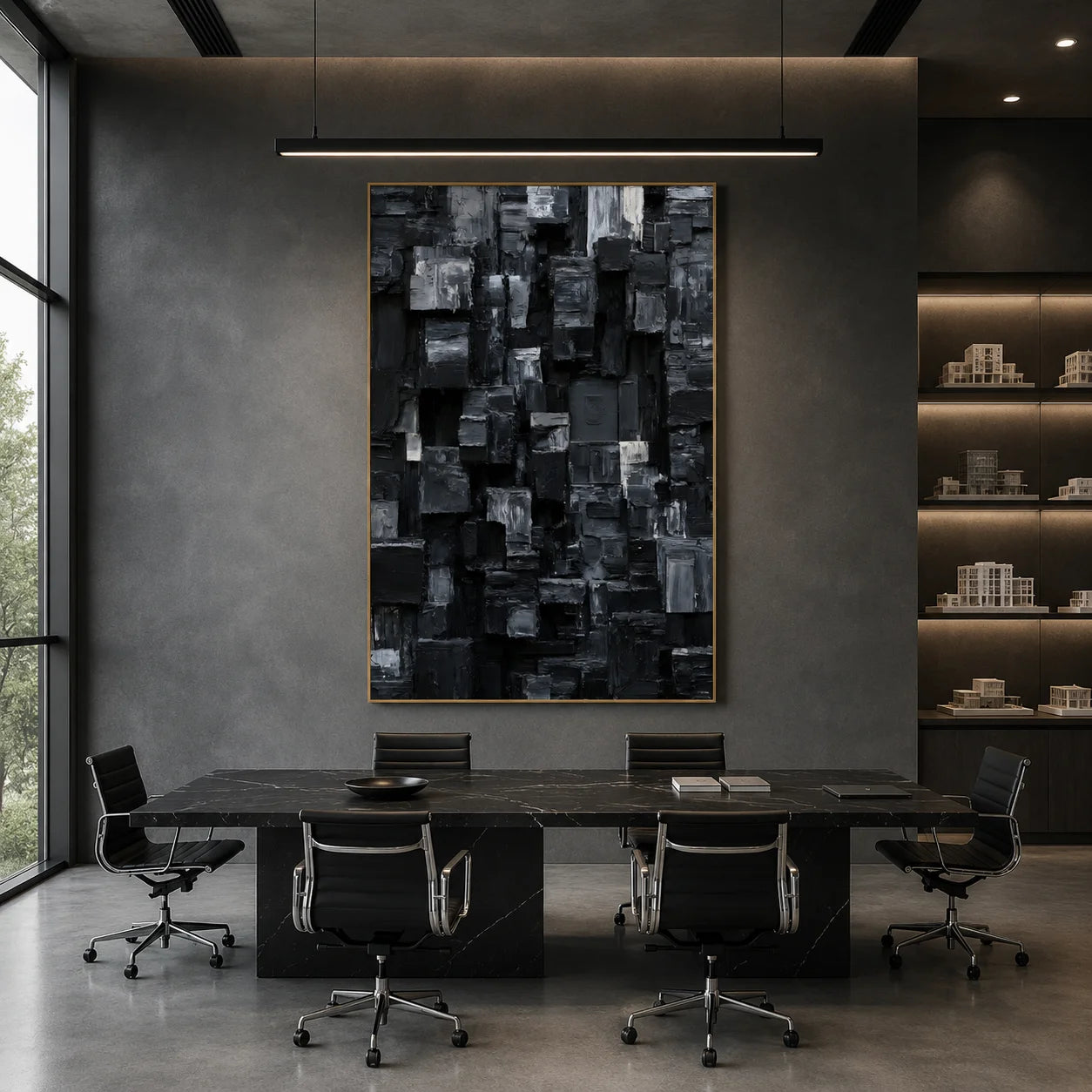 Modern Black and Gray Geometric Abstract Hand-Painted Oil Painting | 3D Textured Block Wall Art for Living Room, Bedroom and Entryway