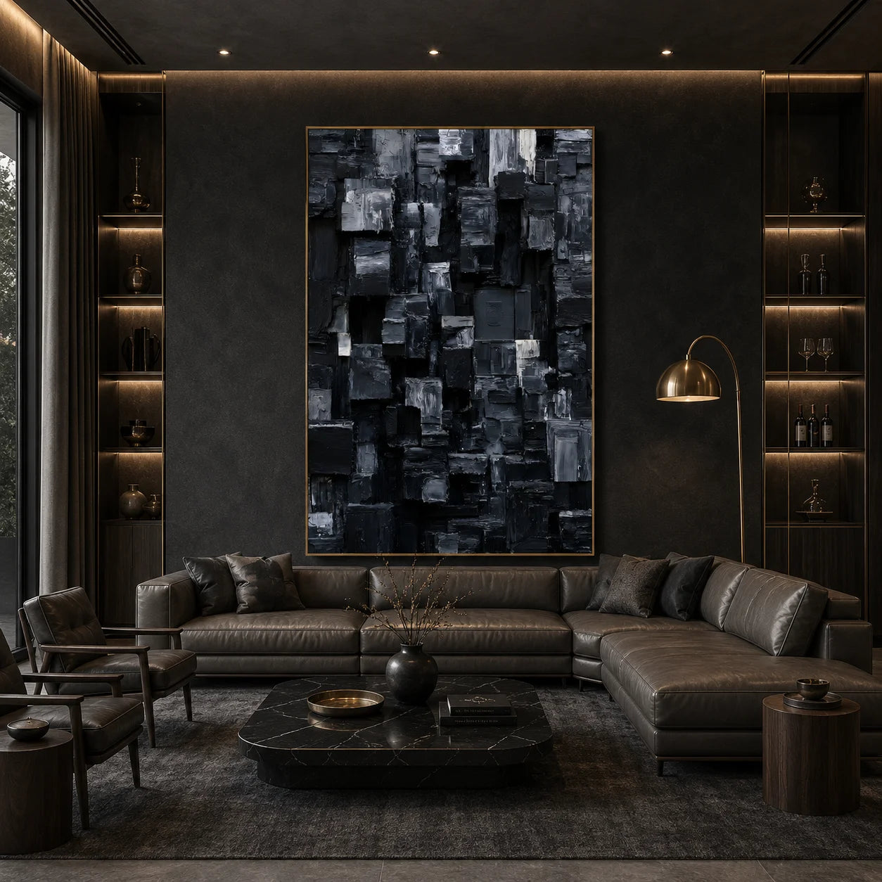 Modern Black and Gray Geometric Abstract Hand-Painted Oil Painting | 3D Textured Block Wall Art for Living Room, Bedroom and Entryway