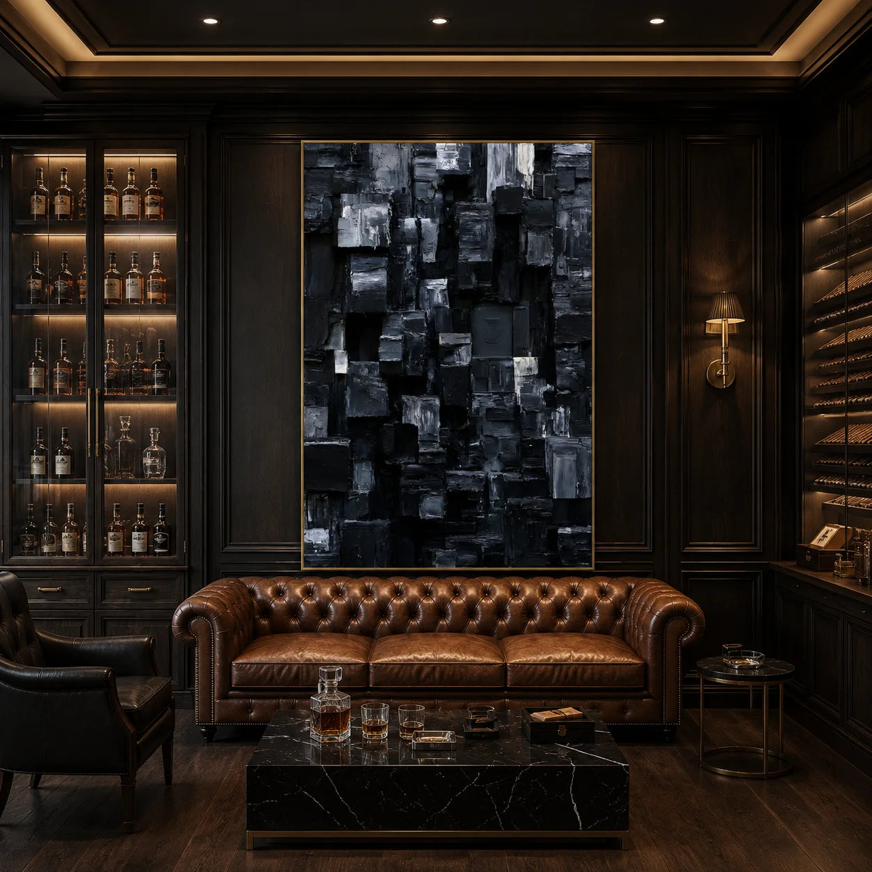 Modern Black and Gray Geometric Abstract Hand-Painted Oil Painting | 3D Textured Block Wall Art for Living Room, Bedroom and Entryway