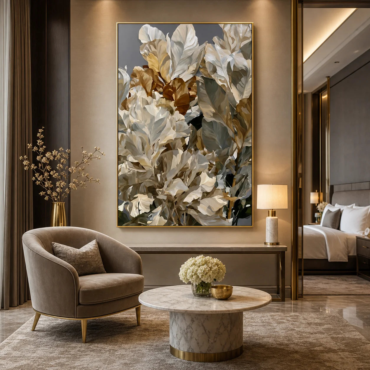 Modern Botanical Hand-Painted Oil Painting | White Tropical Leaves Wall Art | Luxury Abstract Plant Canvas Artwork for Living Room, Bedroom, Dining Room & Office # 1092