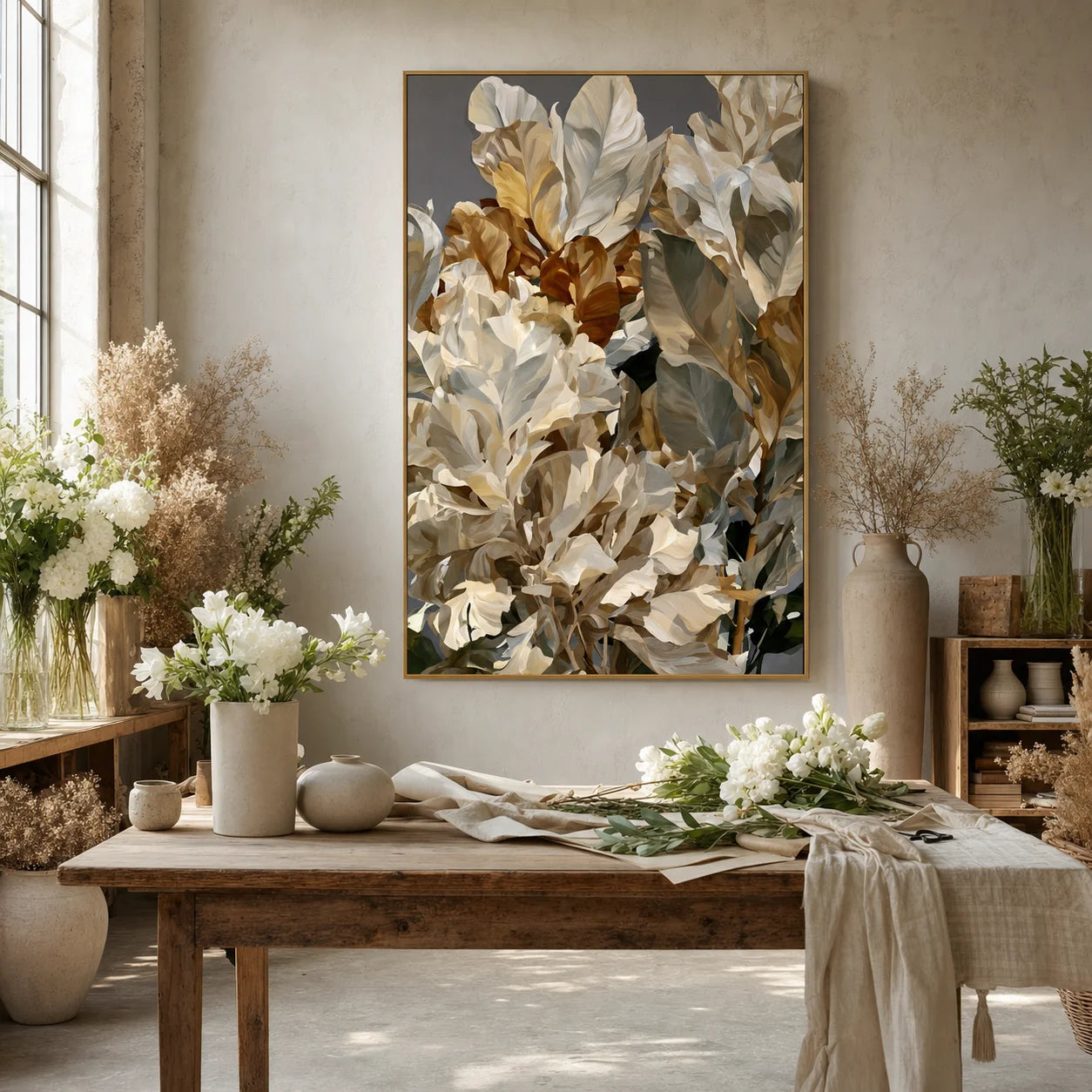 Modern Botanical Hand-Painted Oil Painting | White Tropical Leaves Wall Art | Luxury Abstract Plant Canvas Artwork for Living Room, Bedroom, Dining Room & Office # 1092