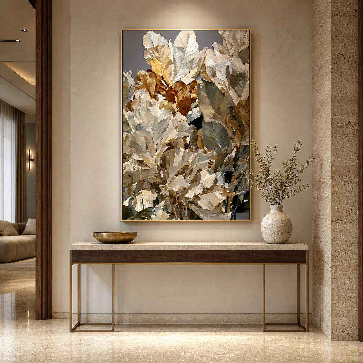Modern Botanical Hand-Painted Oil Painting | White Tropical Leaves Wall Art | Luxury Abstract Plant Canvas Artwork for Living Room, Bedroom, Dining Room & Office # 1092