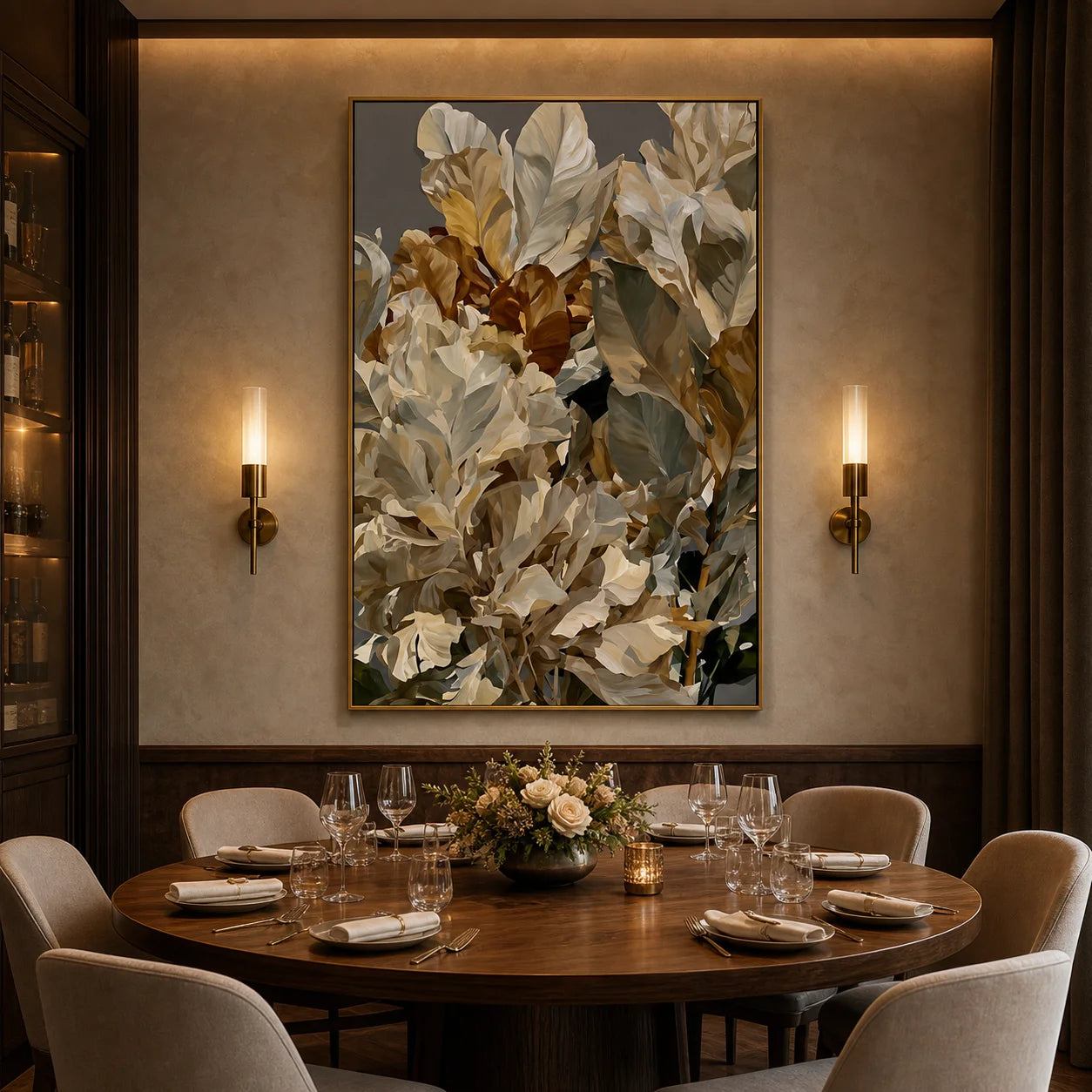 Modern Botanical Hand-Painted Oil Painting | White Tropical Leaves Wall Art | Luxury Abstract Plant Canvas Artwork for Living Room, Bedroom, Dining Room & Office # 1092