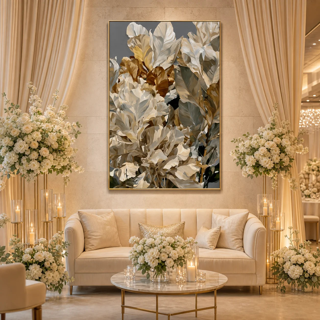 Modern Botanical Hand-Painted Oil Painting | White Tropical Leaves Wall Art | Luxury Abstract Plant Canvas Artwork for Living Room, Bedroom, Dining Room & Office # 1092
