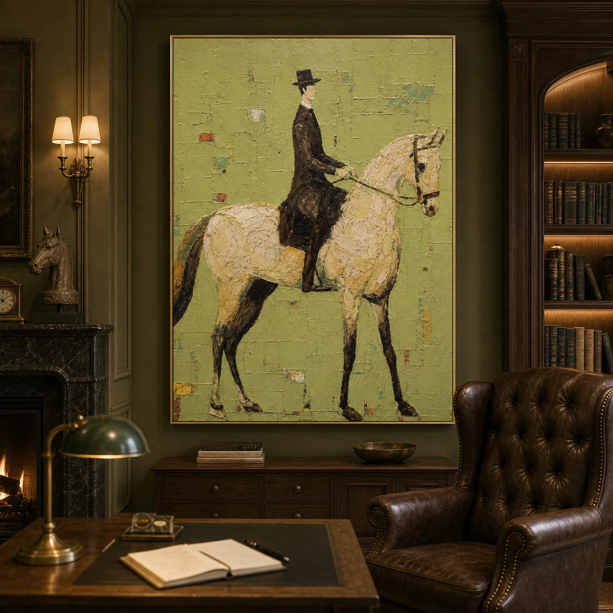 Modern Equestrian Hand-Painted Oil Painting | Vintage Horse Rider Wall Art # 1098
