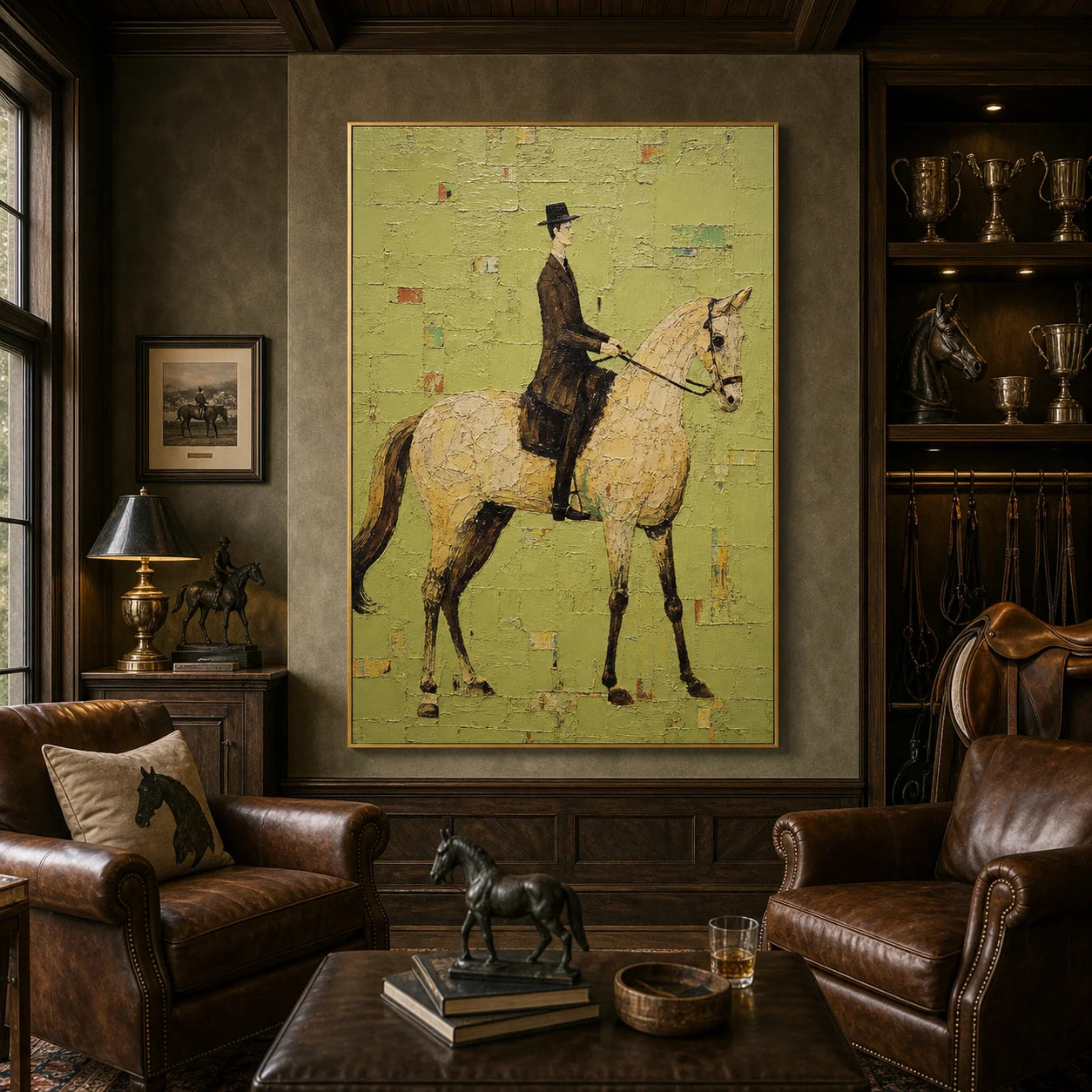 Modern Equestrian Hand-Painted Oil Painting | Vintage Horse Rider Wall Art # 1098