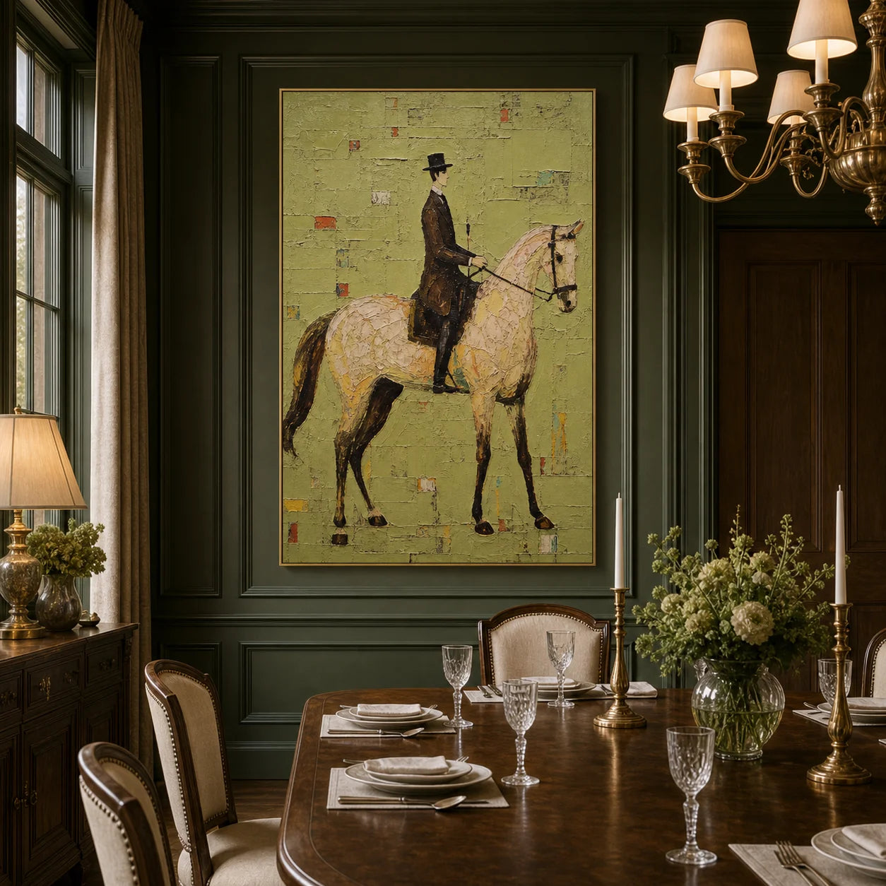 Modern Equestrian Hand-Painted Oil Painting | Vintage Horse Rider Wall Art # 1098