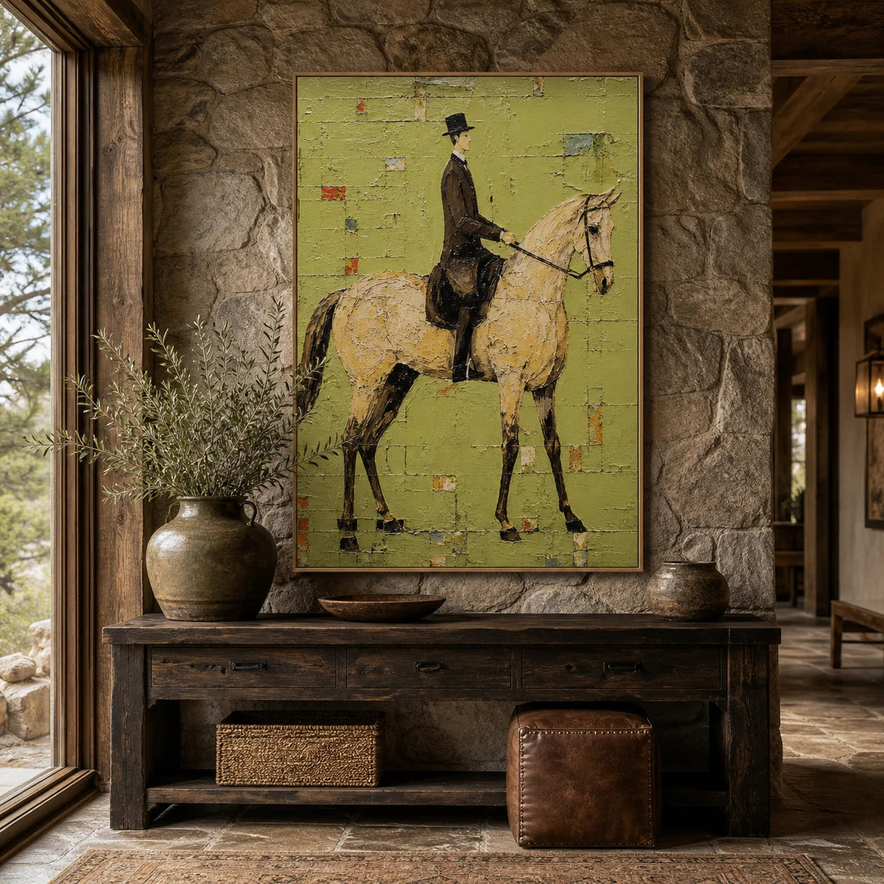 Modern Equestrian Hand-Painted Oil Painting | Vintage Horse Rider Wall Art # 1098