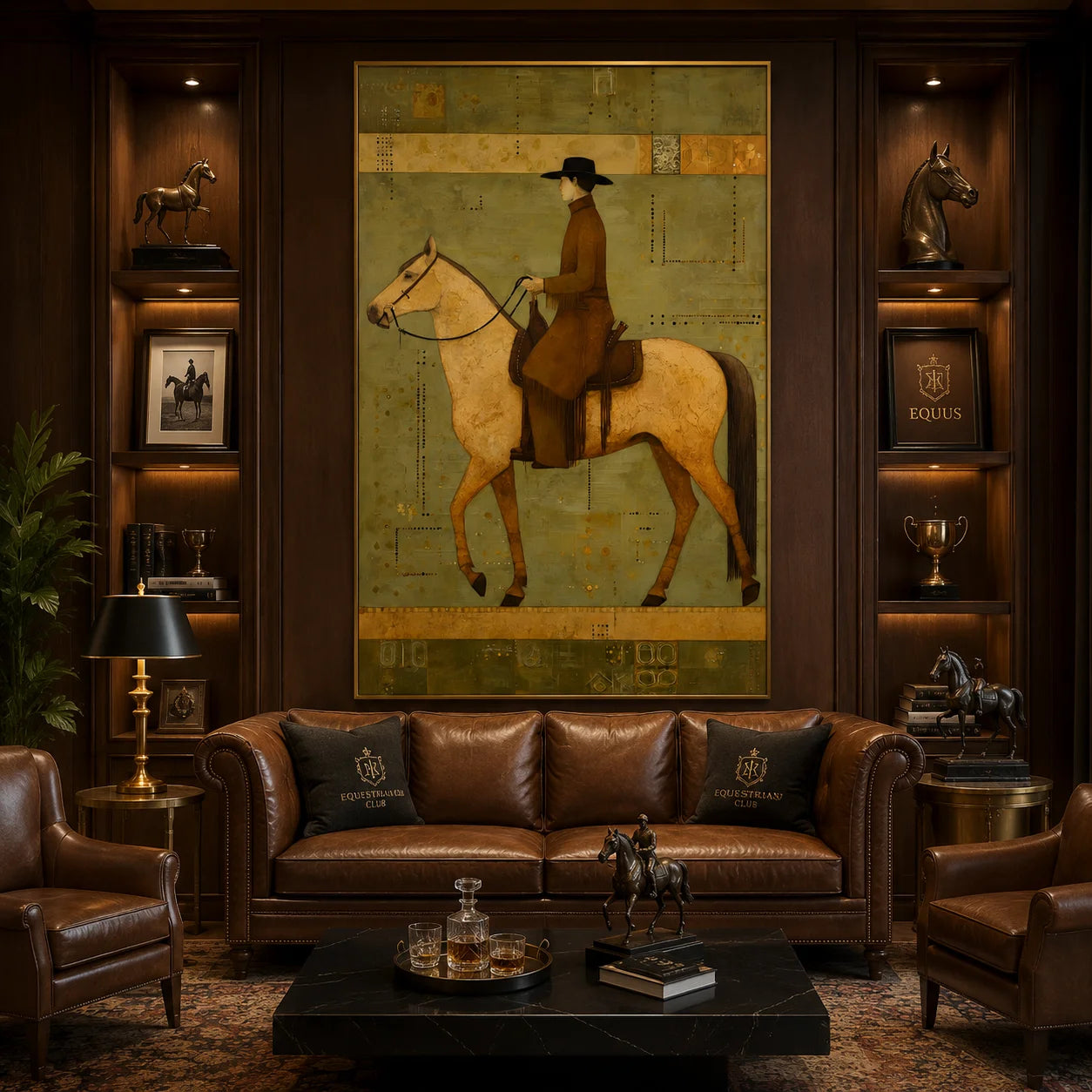 Modern Equestrian Hand-Painted Oil Painting | Vintage Western Rider Wall Art | Luxury Horse & Rider Canvas Artwork for Living Room, Study & Hotel