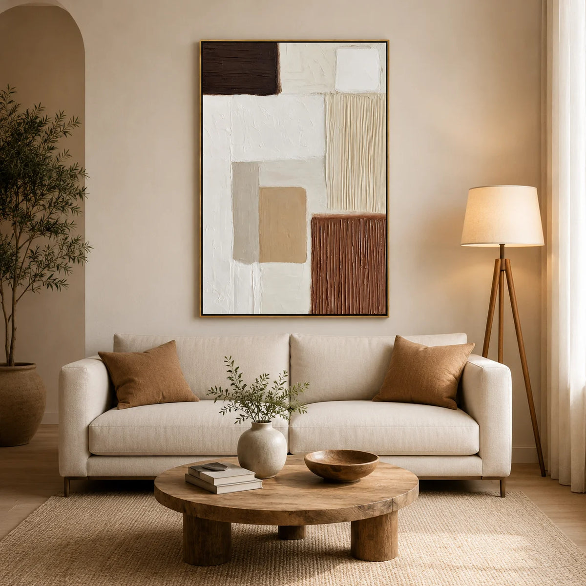 Modern Minimalist Hand-Painted Oil Painting | Beige Brown Textured Abstract Wall Art for Living Room, Bedroom & Entryway