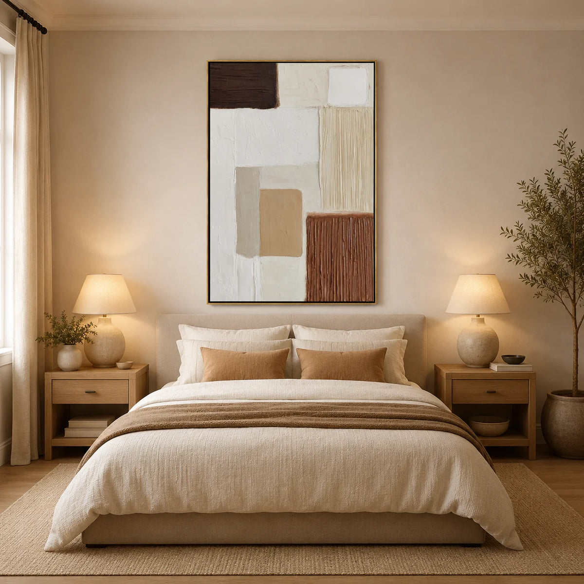 Modern Minimalist Hand-Painted Oil Painting | Beige Brown Textured Abstract Wall Art for Living Room, Bedroom & Entryway