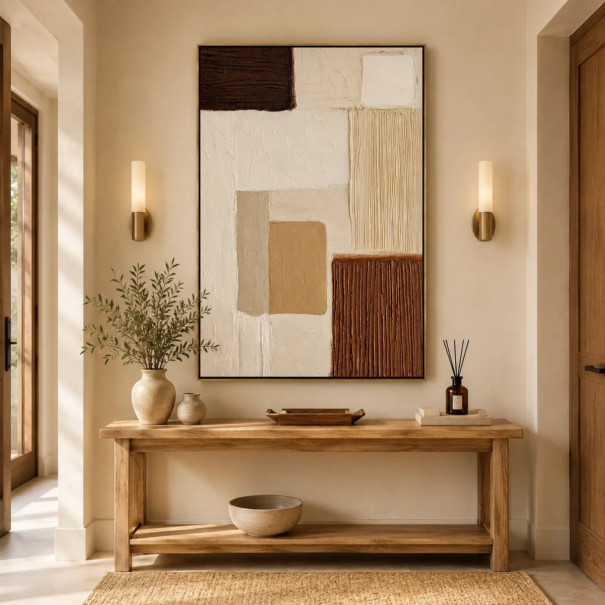 Modern Minimalist Hand-Painted Oil Painting | Beige Brown Textured Abstract Wall Art for Living Room, Bedroom & Entryway