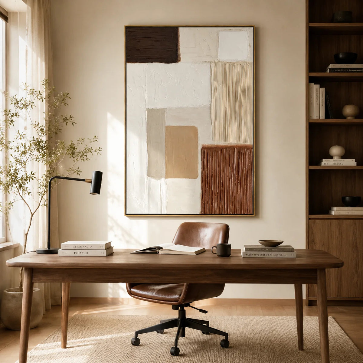Modern Minimalist Hand-Painted Oil Painting | Beige Brown Textured Abstract Wall Art for Living Room, Bedroom & Entryway